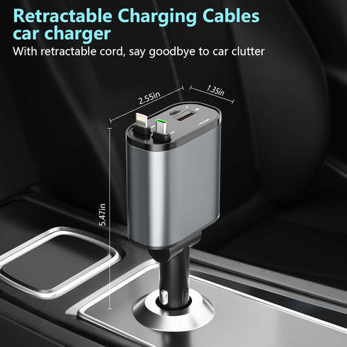 Retractable Car Charger, 4 in 1 Fast Car Phone Charger 120W with 2.7Ft Cables and 4 Electronic Ports for iOS & Android