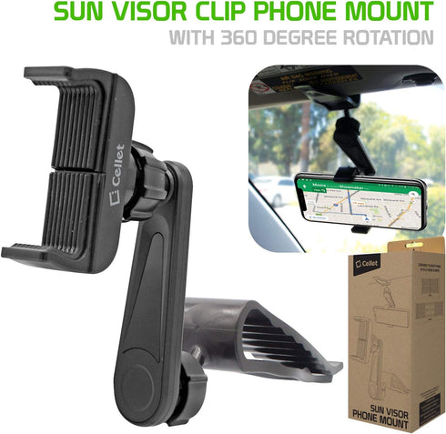 Cellet Sun Visor Phone Mount with 360 Degree Rotation, Compatible with iPhone 12 Pro Max, Samsung Galaxy S20 Ultra, and