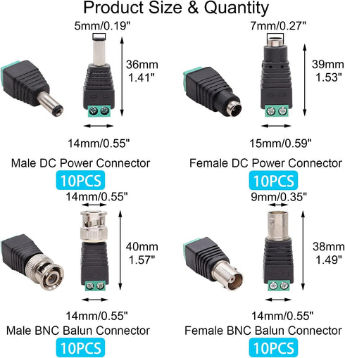 40PCS Male Female Power Connector DC 12V 5.5 x 2.1mm Power Jack Plug Adapter Barrel Connector, BNC Male Female Balun Connector for CCTV Coaxial Cable Surveillance Video Camera Led Strip