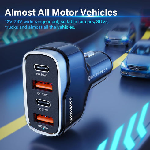 SUNDAREE Super Fast Car Charger, 60W Multiport USB Car Charger, USB C Cigarette Charger for iPhone & Samsung Devices