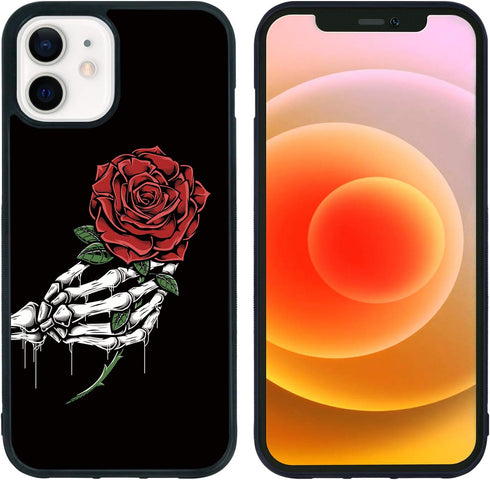 FANXI Gothic Rose Phone Case Compatible with iPhone 12/12 Pro 6.1 Inch - Shockproof Protective TPU Aluminum Cute Cool Red Rose Phone Case Designed for iPhone 12 Case for Men Girls Women Black Red