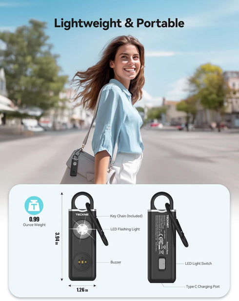 TECKNET 130dB Rechargeable Personal Safety Alarm Keychain with SOS Strobe Light for Women and Kids