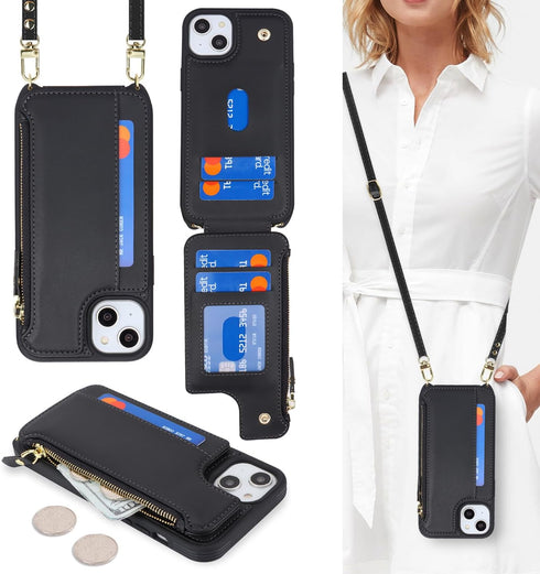 Cavor for iPhone 15 Case with Card Holder, Wallet Case for Women, Crossbody Lanyard and Wristlet, Leather Zipper Pocket