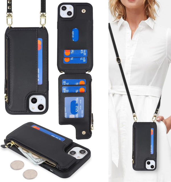 Cavor for iPhone 15 Case with Card Holder, Wallet Case for Women, Crossbody Lanyard and Wristlet, Leather Zipper Pocket