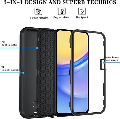 Qinmay Samsung Galaxy A15 5G Case - with HD Screen Protector, Durable Shockproof 3-Layer Cover - Black