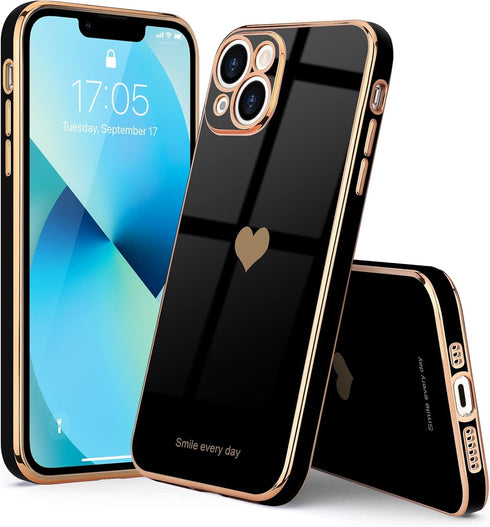 Teageo Compatible with iPhone 13 Case for Women Girl, Cute Love-Heart Luxury Bling Soft Back Cover for iPhone 13, Black
