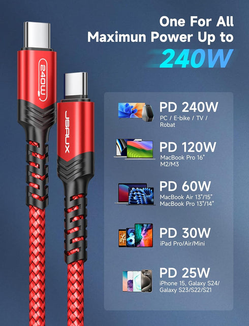 JSAUX 240W USB-C Charge Cable 10FT, Fast Charger for MacBook Pro, iPad Pro, iPhone 15, Samsung Galaxy S23, Pixel-Red.