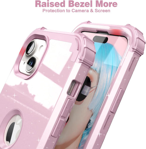 IDweel Glitter Pink iPhone 15 Plus Case: Luxury 3-in-1 Shockproof Hybrid with Screen Protector & Slim Fit Heavy Duty