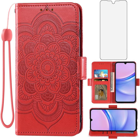 Asuwish Wallet Cover for Samsung Galaxy A15 5G, Red, with Tempered Glass Screen Protector and Leather Flip