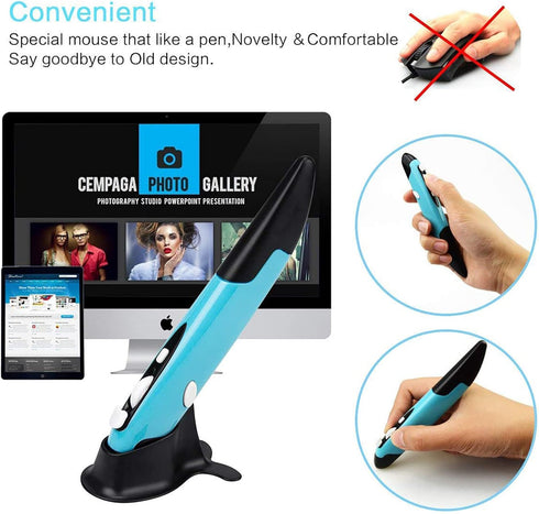 lychee Wireless Optical Pocket Pen Mouse, Blue 2.4GHZ USB, Adjustable 800/1200/1600 DPI for PC, Laptop, Mac