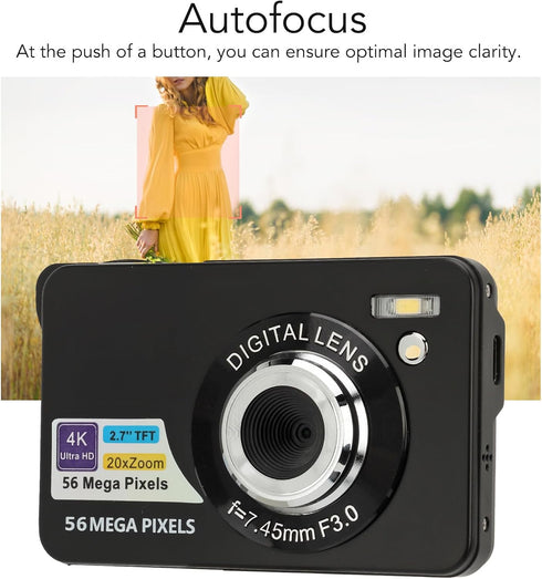 FHD 4K 56MP Compact Digital Camera with 20X Zoom, Autofocus, Waterproof for Photography Vlogging