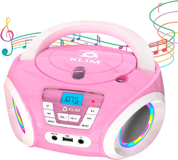 KLIM Candy Kids Portable CD Player, New Version 2024, FM Radio, Batteries Included, Cute Pink Boombox for Kids