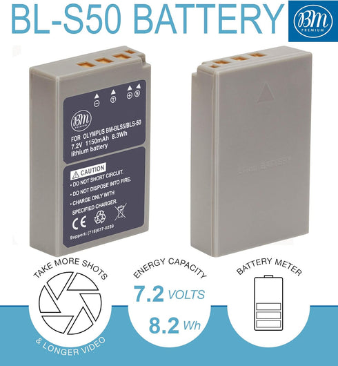 BM Premium 2 Pack of BLS-50, PS-BLS5 Batteries for Olympus OM-5, OM-D E-M5 III, E-M10, E-M10 III, E-M10 IV, E-PL7, E-PL8, E-PL9, E-PL10, Stylus 1 Cameras