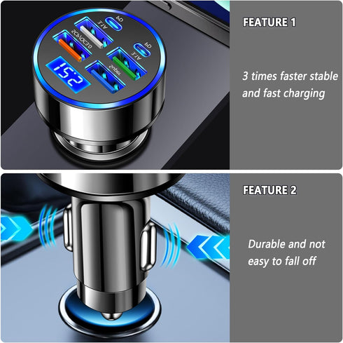 6 Ports Fast Car Charger with Voltage Monitor, USB Charger Compatible with iPhone 13/14/15 & Most Android Models