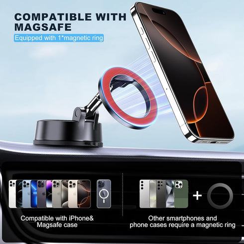 MOKPR 16 15 14 13 12 Car Phone Holder for Magsafe, Vacuum Magnetic Car Phone Mount Foldable Hands-Free Suction Cup