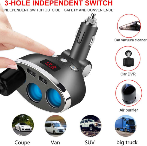 Car Charger, 120W 3-Socket Cigarette Lighter Power Adapter with Dual USB and LED Voltage Display