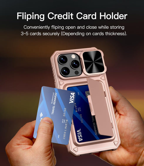 iPhone 15 Pro Max Case with Wallet, Built-In Slide Camera Cover & Credit Card Holder, Military Grade Drop Protection
