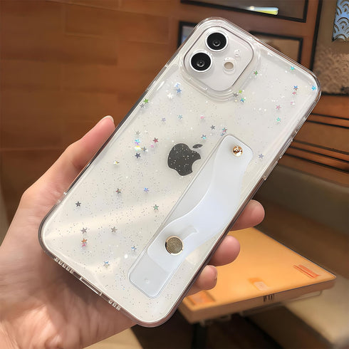 siduater Strap Holder Case for 6.1" iPhone 12 with Wristband Kickstand, Bling Glitter Clear Cover Soft TPU Bumper