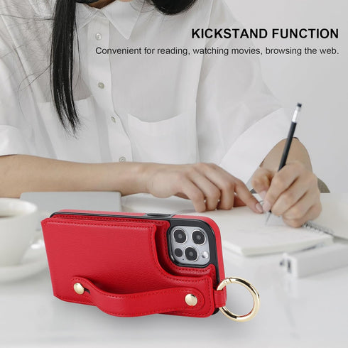 Folosu 12/12 6.1 Inch for iPhone Pro Wallet Case with Card Holder, Hand Wrist Strap Loop Holder Kickstand, RFID