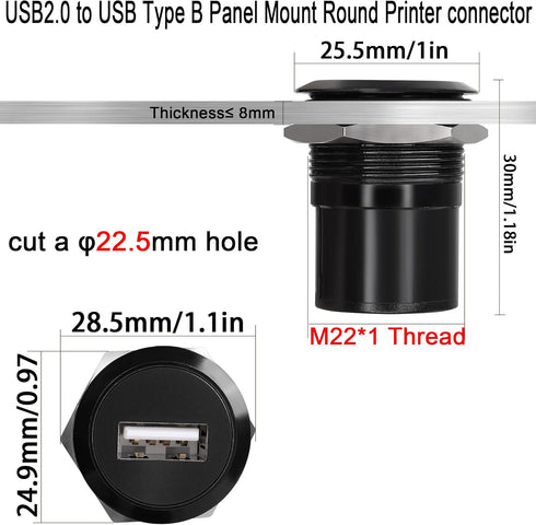 QIANRENON USB2.0 to USB B Threaded Fixed Printer Adapter, USB2.0 Female to USB Type B Female Panel Mount