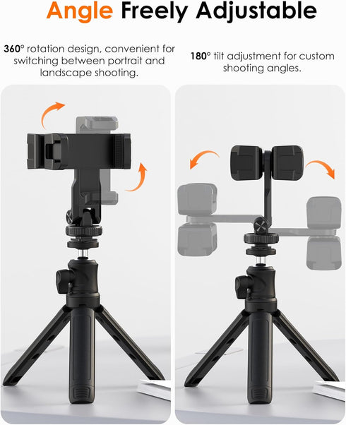 JDHDL 4 1/4" 360 180 Tripod Phone Mount, Dual Phone Holder with Cold Shoe and Screw, Rotates and Tilts Adjustable Cold
