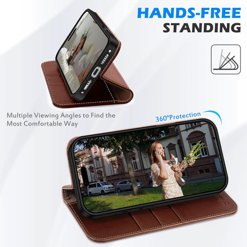 SHIELDON 17 5G 6.3-inch 2025 Case Wallet for iPhone | Genuine Leather | Flip Magnetic Closure | RFID Blocking Credit