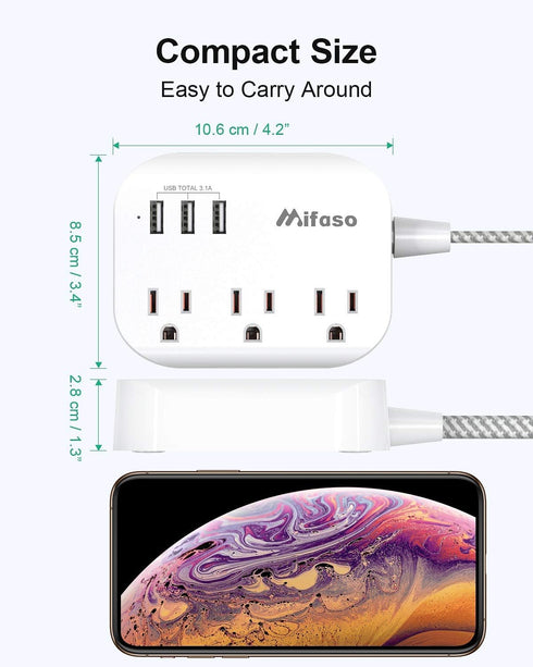 Mifaso USB Power Strip, Flat Plug Extension Cord with 3 Outlets, 3 USB Ports, 5ft Braided Power Cord