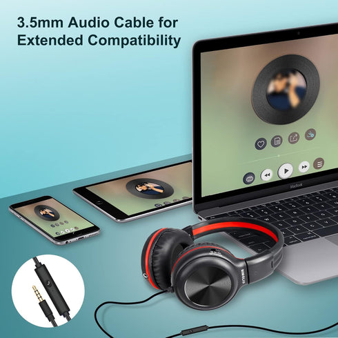SIMOLIO Kids Wired Headphones with Microphone, Foldable Over Ear Headset for School Travel, Volume Limiter & Share
