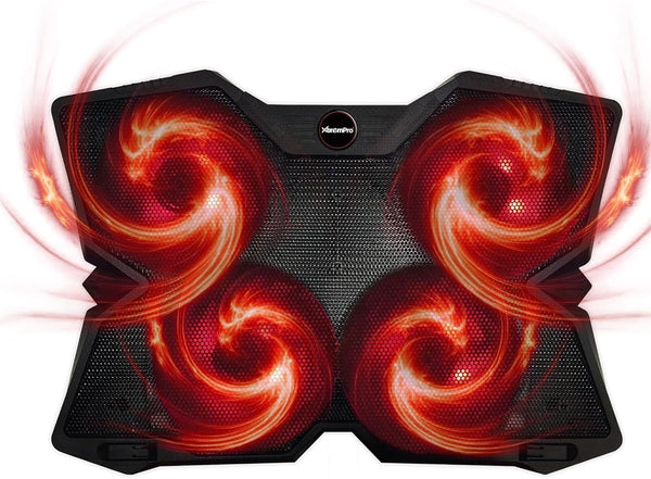 Portable Metal Mesh Laptop Cooler Pad, 4 Quiet Fans with Red LED Light, Adjustable Height, Black