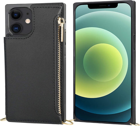 Bocasal Crossbody Wallet Case for iPhone 12/12 Pro, Card Holder, Zipper Slot, Shockproof Purse Cover, 6.1 Inch (Black)