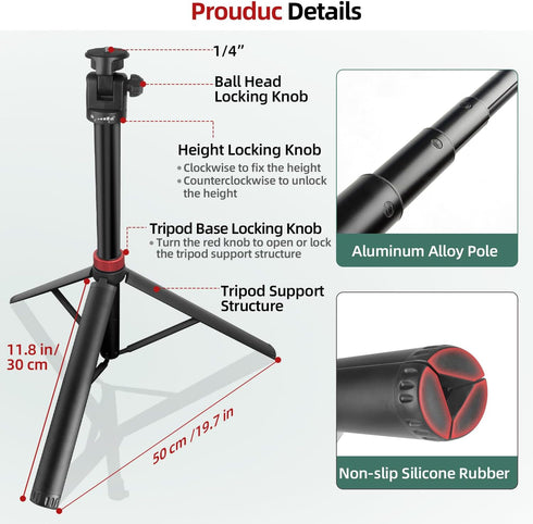 JEBUTU 1/4" Extendable Tripod Aluminum, Portable Adjustable Light Stand with Screw Phone Holder & Remote, Ball Head