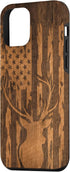 iPhone 12 Mini Case, Deer Buck with Flag on Wood-like Background