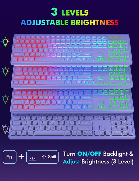 Wireless Keyboard and Mouse Combo, RGB Backlit, Rechargeable, Full-Size Ergonomic Tilt Angle, 2.4GHz Quiet Keyboard