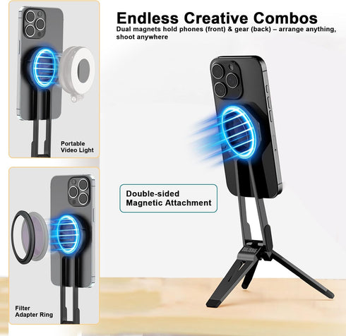 SULISAIS 16 15 14 13 12, Foldable Magnetic Phone Tripod for iPhone, Mini Tripod Pocket Cell Phone Stand Smartphone Desk