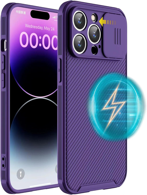 iPhone 13 Pro Max Case - Slim Magnetic Cover with Slide Lens, MagSafe Compatible, 6.7" Purple for iPhone 13 Pro Max.