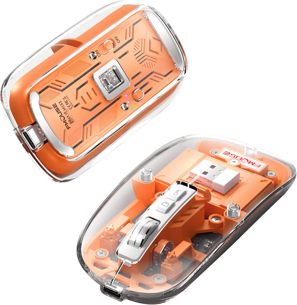 Transparent Wireless Mouse, Rechargeable Mute BT5.1/2.4G Bluetooth Mouse for Mac, iPad, Laptop, PC (Orange)