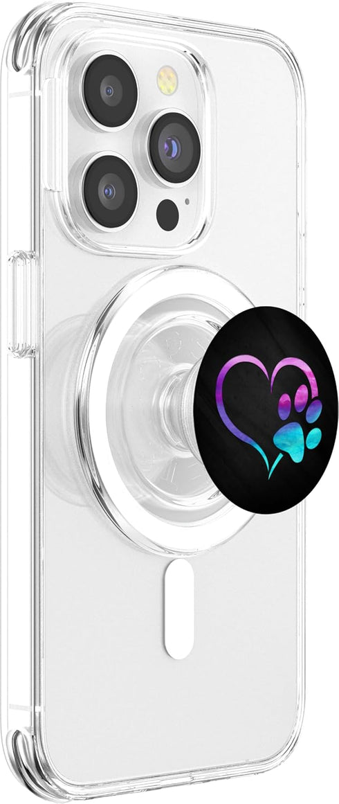 Purple Cyan Dog Paw Print Heart Grip on Black Background, PopSockets MagSafe PopGrip for iPhone