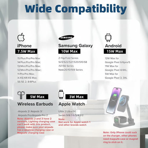 3 in 1 Foldable Wireless Charging Station for Apple Products, Adjustable Phone Charger Stand, Travel Dock for