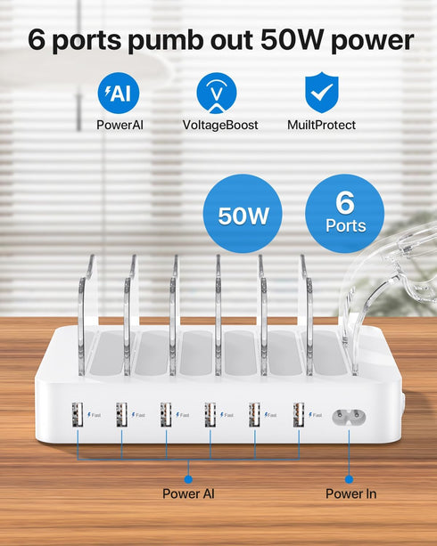 SooPii Premium 6-Port USB Charging Station Organizer for Multiple Devices, 6 Short Charging Cables and One Upgraded
