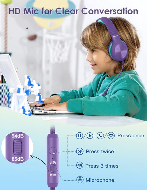 Kids Headphones with Microphone, Sharing Function, 85dB/94dB Safe Volume Limit, HD Sound, Over Ear for School, Online