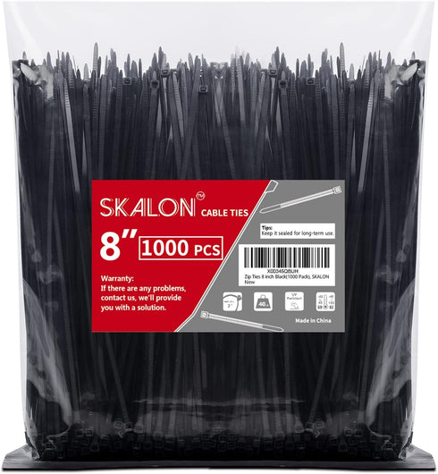 SKALON Zip Ties 8 inch (1000 Pack), 40lbs Tensile Strength, Black Cable Ties,
