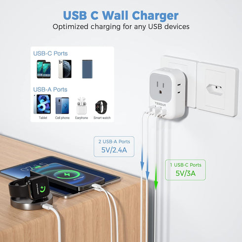 TESSAN Brazil Power Adapter, US to Brazil Travel Plug with 4 American Outlets & 3 USB Charger Ports