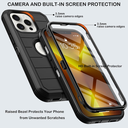 iPhone 13 Pro Max Case with Belt Clip Holster & Kickstand - Heavy Duty Shockproof Drop Protection, Black