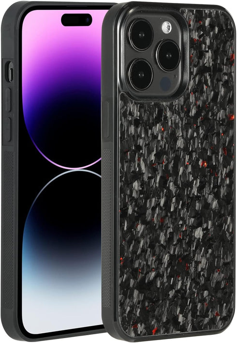 molzar Grip Series Case for iPhone 14 Pro Max, Real Forged Carbon Fiber, Wireless Charging Compatible (Glossy Black/Red)