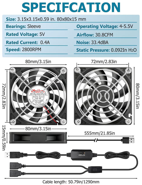 2PCS 80mm 15mm 2 1 PS4 PS5 Wathai x Small USB Fan, USB Cooling Fan in for AV Receiver Flat Panel Xbox DVR Router TV Box