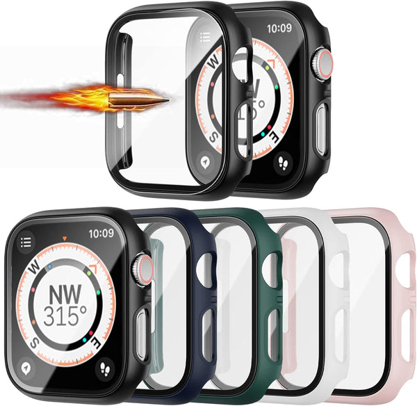 5 Pack Case with Tempered Glass Screen Protector for Apple Watch 45mm Series 9/8/7, JZK Hard PC HD Bumper