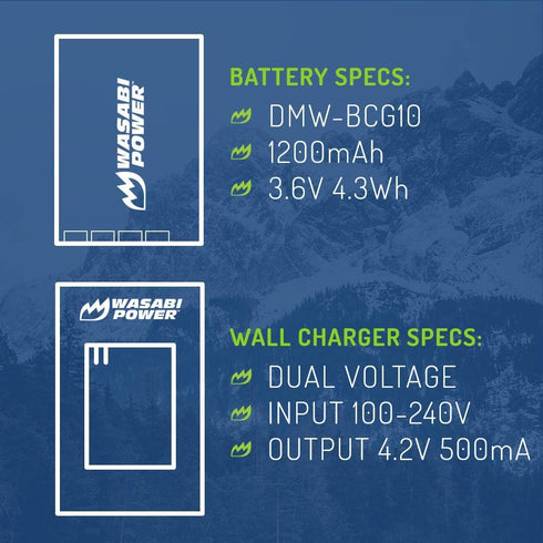 Wasabi Power Battery (2-Pack) and Charger for Panasonic DMW-BCG10, DMW-BCG10E, DMW-BCG10PP and Panasonic Lumix DMC-3D1,
