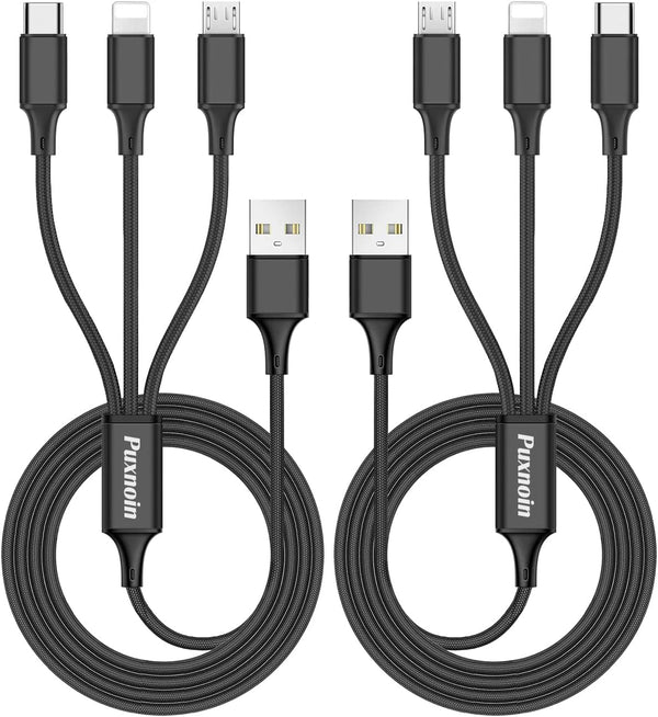 Puxnoin 6FT Multi Charging Cable 2-Pack: 3-in-1 USB Fast Charging Cord for Type C & Micro USB, Compatible with Most