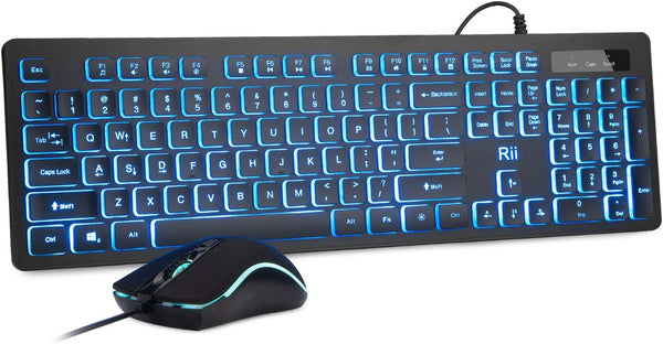 Rii Wired Keyboard and Mouse Combo, Three Colors Backlit, Quiet Input Gaming Set for School and Office