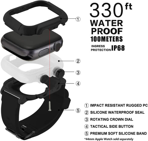 Compatible with Apple Watch Series 5/4 44mm IP68 Waterproof Case, for Series 3/2 42mm with Comfortable Silicone Band